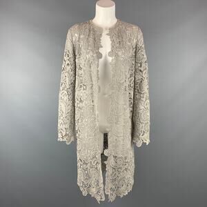 Size 10 Light Gray Lace Textured Cotton Leather Trim Cardigan